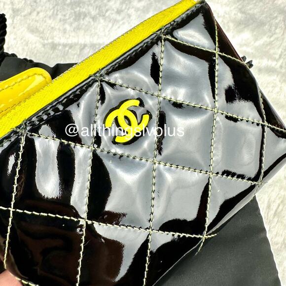 CHANEL Black Patent with yellow CC card holder COIN pouch keychain CUSTOM - Picture 1 of 13